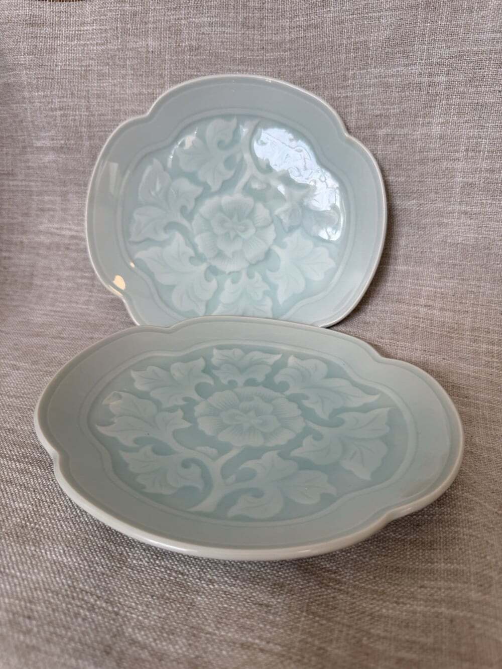 Vintage Celadon Lotus-shaped Ceramic Dessert Plates | Set Of 2 : 7.5”x7”
